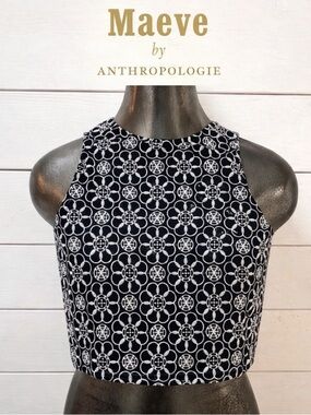 MAEVE Anthropologie Crop Top Brodé Noir et Blanc (Taille 6)